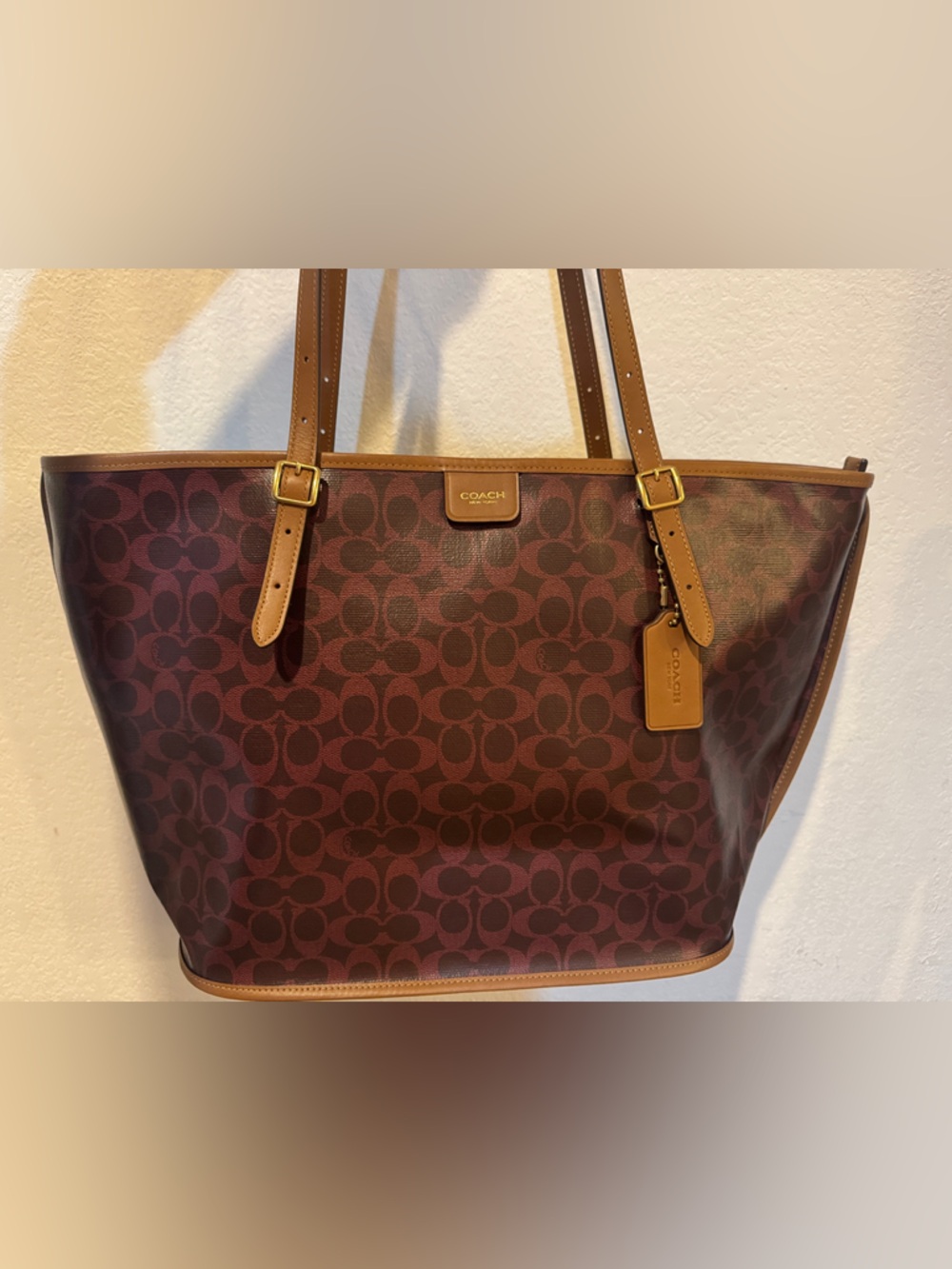 Coach Taxi Signature Canvas Tote with Tan Leather Trim Black Currant
